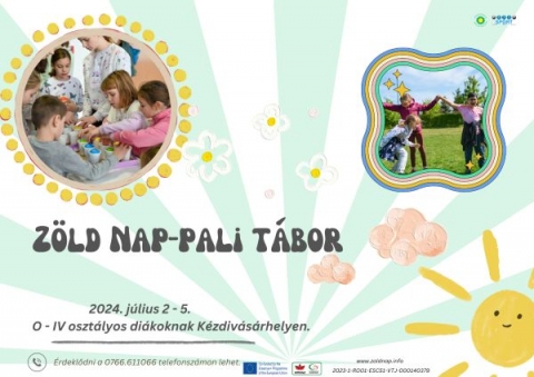 Zöld Nap-pali tábor XXVI - 2024. július 2 – 5 között a Zöld Nap Egyesület partnerségben a kézdivásárhelyi Sportirodával a 2024-es év negyedik táborát szervezi meg a céhes városban. A nappali táborba, olyan 0 – IV osztályos diákok jelentkezését várják, akik közel érzik magukhoz a természetet és a sportot ugyanakkor hajlandóak új kihívásokban részesülni, új dolgokat elsajátítva főként a kreatív újrahasznosítás és az egészséges életmód terén.
A táborban változatos kinti és benti programok, sportos, művészeti, szabadidős, aktív és pihentető tevékenységek váltakoznak. Külön hangsúlyt fektetünk a játékos tanulásra, önmaguk és egymás megismerésére, valamint a gyerekek érzékenyítésére, egymás elfogadására, a környezettudatos, a természetvédelem és az egészséges életmód fontosságára.
Gondosan összeállított program alapján, de a gyerekek igényei szerint alakítva a tevékenységeket.
Jelentkezési határidő: június 30.
Hisszük azt, hogy azok a fiatalok, akik részt vesznek a nappali táborban, tudatosabb környezetvédőkké vállnak, tisztelni fogják a körülöttük élő növény- és állatvilágot megismerik a kapcsolatot a természet elemei között, így fokozott érdeklődéssel és tisztelettel fognak járni benne. Minden jelentkezni kívánó fiatalnak vállalnia kell a 162 lejes hozzájárulási költséget, ami tartalmaz egy ebédet és meglepetéseket is. Ez egy „bejárós” tábor, a foglalkozások reggel 9 órától – 16 óráig tartanak.
A résztvevők sok érdekes programban és meglepetésekben fognak részesülni. Jelentkezni, érdeklődni Ráduly Attilánál a 0766.611066 -es telefonszámon, vagy az office@zoldnap.info e-mail címen lehet. A helyek száma korlátozott.
Partner: Európai Szolidaritási Testület
Plakátterv: Özlem Üner