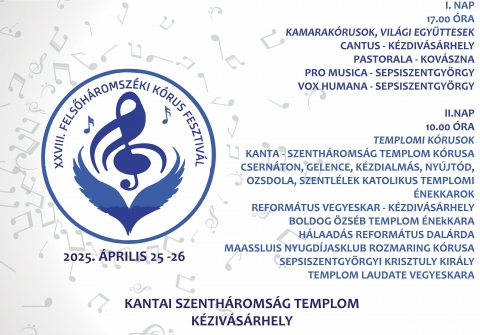 K�rusmuzsika �nnepe K�zdiv�s�rhelyen � XXVIII. Felsőh�romsz�ki K�rusfesztiv�l - K�rusmuzsika �nnepe K�zdiv�s�rhelyen � XXVIII. Felsőh�romsz�ki K�rusfesztiv�l

2025. �prilis 25�26-�n a K�zdiv�s�rhely-Kantai Szenth�roms�g Templom ad otthont a XXVIII. Felsőh�romsz�ki K�rusfesztiv�lnak. A k�tnapos rendezv�nyt a Pro Cantus Egyes�let �s a K�zdiv�s�rhely-Kantai r�mai katolikus pl�b�nia k�z�sen szervezi.

A k�tnapos k�rusfesztiv�lt Ferenc p�pa eml�k�nek aj�nljuk, tisztelegve azon emberi �s lelki �rt�kek előtt, amelyeket eg�sz �let�ben k�pviselt. Szent �goston szerint: �Aki �nekel, k�tszeresen im�dkozik!�, �gy a zene �s az �nek erej�n kereszt�l szeretn�nk kifejezni h�l�nkat a Szentatya ir�nt, aki a k�z�ss�g, a szeretet �s a b�ke h�rn�ke volt. A fesztiv�l lehetős�get ad arra, hogy a k�z�s �nekl�sben �s megeml�kez�sben egy�tt őrizz�k tov�bb szellemi �r�ks�g�t.

Az idei tulajdonk�ppen a harmincadik fesztiv�loz� �v, de a vil�gj�rv�ny miatt a 2020-as tal�lkoz�ra nem ker�lhetett sor, a k�vetkező �vi pedig a m�g mindig fenn�ll� bizonytalans�g miatt maradt el.

Az idei fesztiv�l �prilis 25-�n, p�nteken, 18 �rakor veszi kezdet�t, amikor kamarak�rusok l�pnek fel a templomban. A k�z�ns�get a Cantus Kamarak�rus (karnagy F�rika Bal�zs), a kov�sznai Pastorala Kamarak�rus (vez�nyel Sz�nt� Kinga), valamint a sepsiszentgy�rgyi Pro Musica Kamarak�rus (vez�nyel Sipos Zolt�n) �s a Vox Humana Kamarak�rus (karnagy Szil�gyi Zsolt Herbert) sz�nvonalas műsora v�rja.

Szombaton, �prilis 26-�n 10 �rakor indul a templomi �nekkarok tal�lkoz�ja. A h�zigazda Szenth�roms�g Templom Kamarak�rusa (karnagy F�rika Bal�zs) mellett fell�pnek a k�vetkező r�mai katolikus egyh�zk�zs�gek k�rusai: a k�zdiszentl�leki Szak�cs Antal Vegyeskar (karnagy D�vid Istv�n), k�zdialm�si �s nyujt�di (mindkettő karnagya Kl�ra J�zsef), az ozsdolai (karnagy Vajda Alp�r), a gelencei (karnagy Koszt�ndi Botond), a csern�toni (karnagy Luk�cs Mih�ly), valamint a k�zdiv�s�rhelyi Boldog �zs�b Gyermekkar �s a Boldog �zs�b r�mai katolikus templom �nekkara (karnagy Gergely G�bor), a k�zdiv�s�rhelyi H�laad�s Reform�tus Dal�rda (karnagy Hodor Tam�s), �s a Maassluis Nyugd�jasklub Rozmaring k�rusa (karnagy Hodor Tam�s). A fesztiv�l id�n
is k�z�s daltanul�ssal z�rul, amelyen valamennyi r�sztvevő k�rus egy�tt �nekel majd.
A k�z�s mű: Francesco Meneghello - Pierangelo Sequeri (Magyar sz�v.: F�bry Korn�l, Varga L�szl�)
'A rem�ny zar�ndokai' c�mű k�rusmű, a 2025-�s szent�v himnusza lesz.

A szervezők minden �rdeklődőt �s zenekedvelőt szeretettel v�rnak! K�rik, hogy időben foglalj�k el
a templom h�ts� soraiban kijel�lt helyeiket, hogy az előad�sokat zavartalanul �lvezhesse mindenki.
Tov�bbi inform�ci� F�rika Bal�zs szervező/karnagyt�l a 0742 124 606-os telefonsz�mon kaphat�